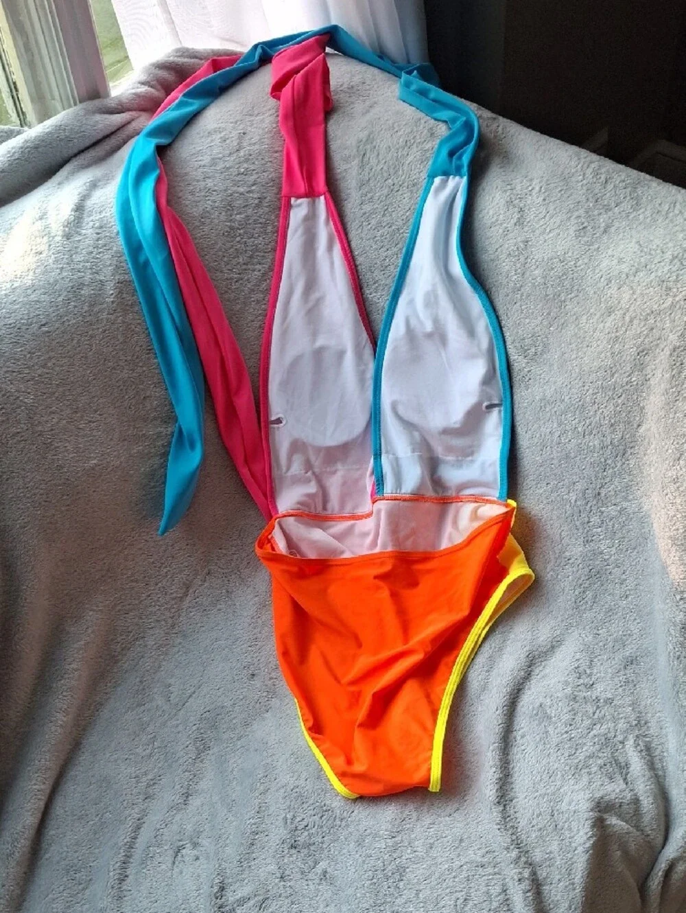 SHEIN Neon Colorblock One-Piece Swimsuit - Yellow, Orange, Teal - Picture 2 of 3
